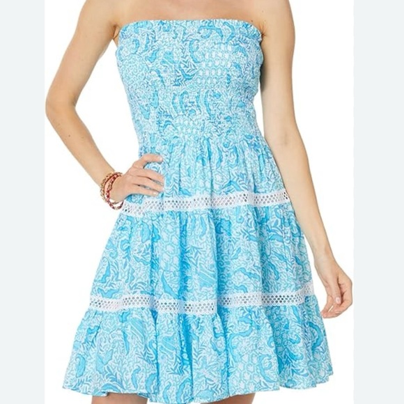 Lilly Pulitzer Kelvina Blue Strapless Smocked Bodice Dress with Ruffled Tiers  L - Picture 3 of 13